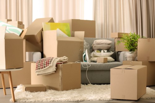 The image depicts a living room filled with numerous cardboard boxes of various sizes, some open and filled with household items, stacked on and around a light grey fabric sofa. Visible items include folded blankets or towels placed on the sofa armrest, a potted green plant on a side table, and several books or magazines in a box. The background features beige curtains drawn to the sides, allowing natural light to illuminate the room, indicating a typical residential setting potentially in or near Queenspark or the surrounding postcode area. The floor is covered with a plush, cream-colored rug, and some boxes are on the rug or on the floor, suggesting an ongoing house move handled by Queens Park Man with Van within the removals service category. The scene captures the process of packing or unpacking, emphasizing household belongings such as textiles, books, and decorative items, with the overall environment appearing neat and organized despite the packed situation, characteristic of a professional move within a residential property.
